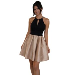Teeze Me Size 16/17 Black Glitter & Champagne Satin Halter  Dress Fit & Flare
